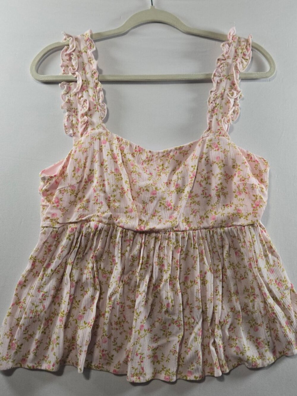 Thirty Thirty LA Womens L Pink Floral Babydoll Tank Top Ruffle Tie Back Cottagec